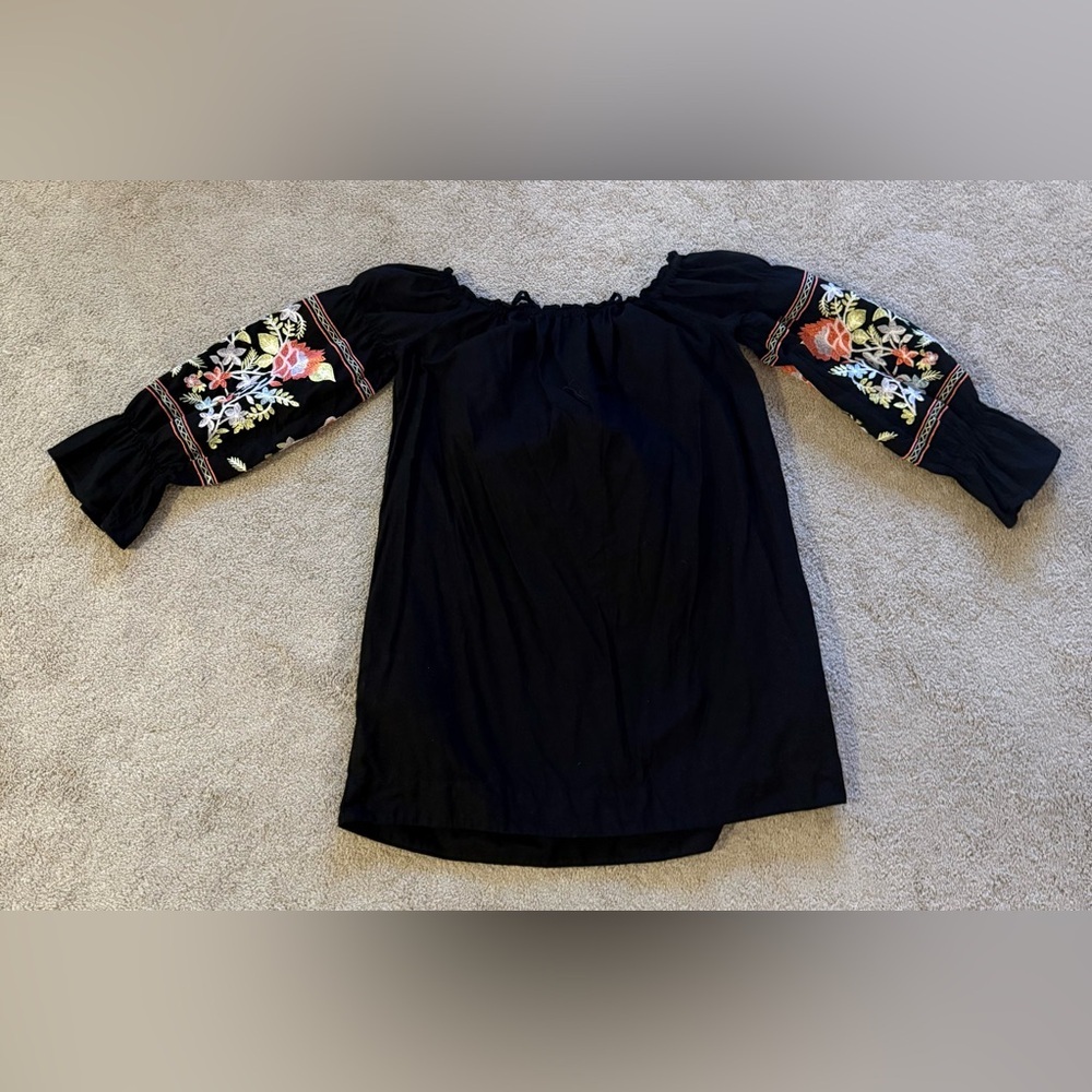 Free People Fleur Du Jour Embroidered Off Shoulder Dress Black Boho NWOT Size L - Picture 6 of 7